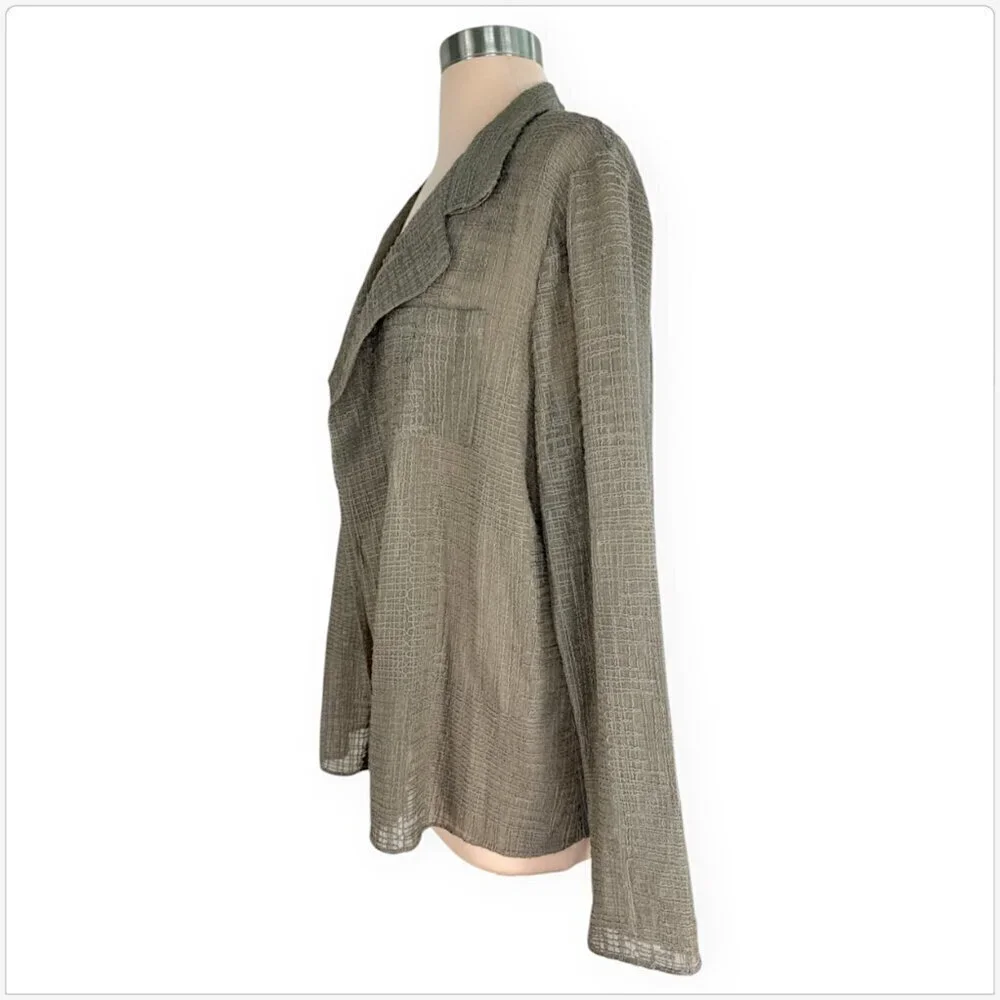 Elie Tahari Beige Khaki Open Front Textured Silk Sheer Lightweight Jacket NEW L